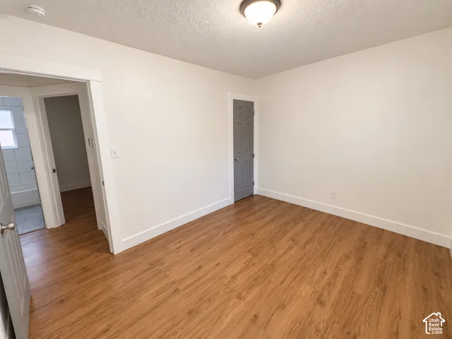 Wood-finish flooring, white walls, and a ceiling-mounted light fixture
