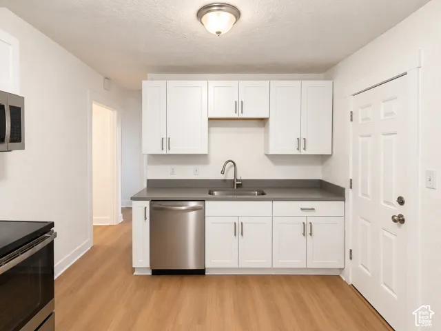 Modern kitchen featuring white shaker cabinetry, stainless steel appliances, wood-finish flooring, and a flush-mount ceiling light