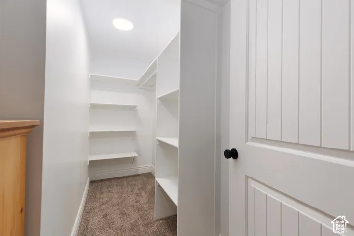 Walk-in closet featuring white built-in shelving, recessed lighting, and carpet flooring
