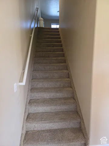 Carpeted staircase with a white handrail