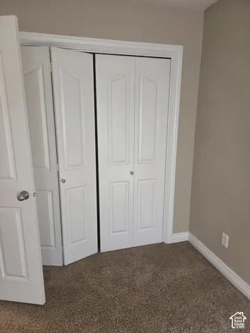 Neutral wall color, carpeted flooring, white trim, white doors, and bi-fold doors