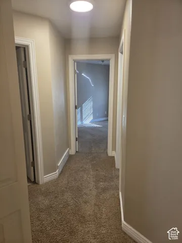 Recessed ceiling lighting, neutral wall palette, white trim, and carpeted flooring