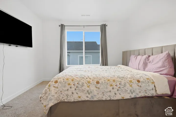 Carpeted flooring, white walls, and a window with a curtain rod