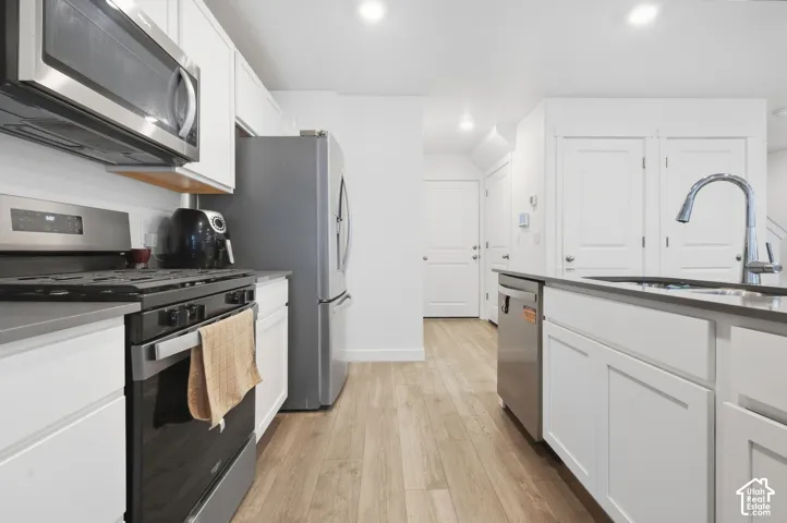 White cabinetry with dark countertops, stainless steel appliances, and wood-finish flooring