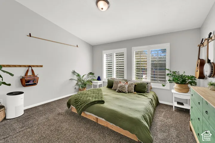 Two windows with white plantation shutters, light gray walls, and textured carpet flooring