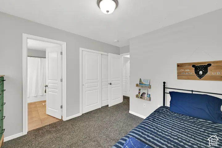 Carpeted flooring, light grey walls, white trim, and white paneled doors