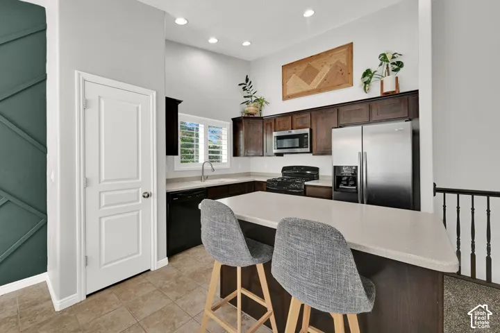 Kitchen featuring dark wood cabinetry, stainless steel appliances, light-toned countertops, and recessed lighting