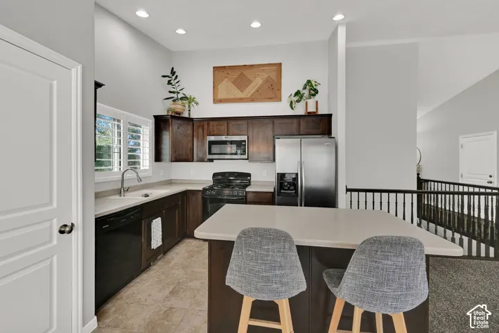 Kitchen featuring dark wood cabinetry, stainless steel appliances, a corner sink with a window, and an island with counter seating