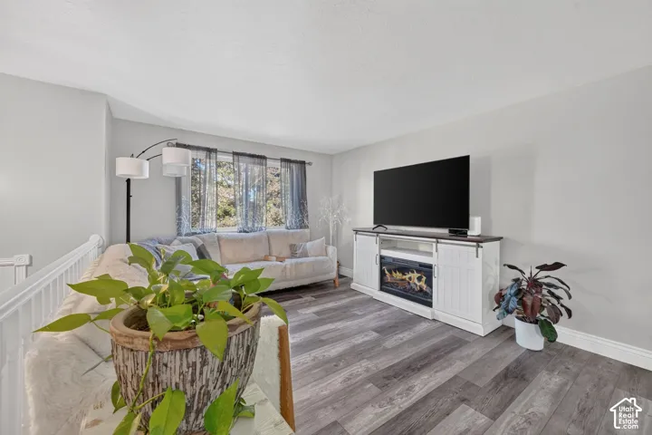 Wood-finish flooring, white baseboards, and neutral wall tones
