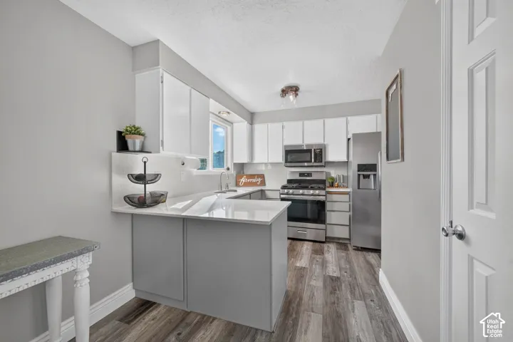 Galley kitchen featuring wood-finish flooring, white cabinetry, integrated stainless steel appliances, and light-toned countertops