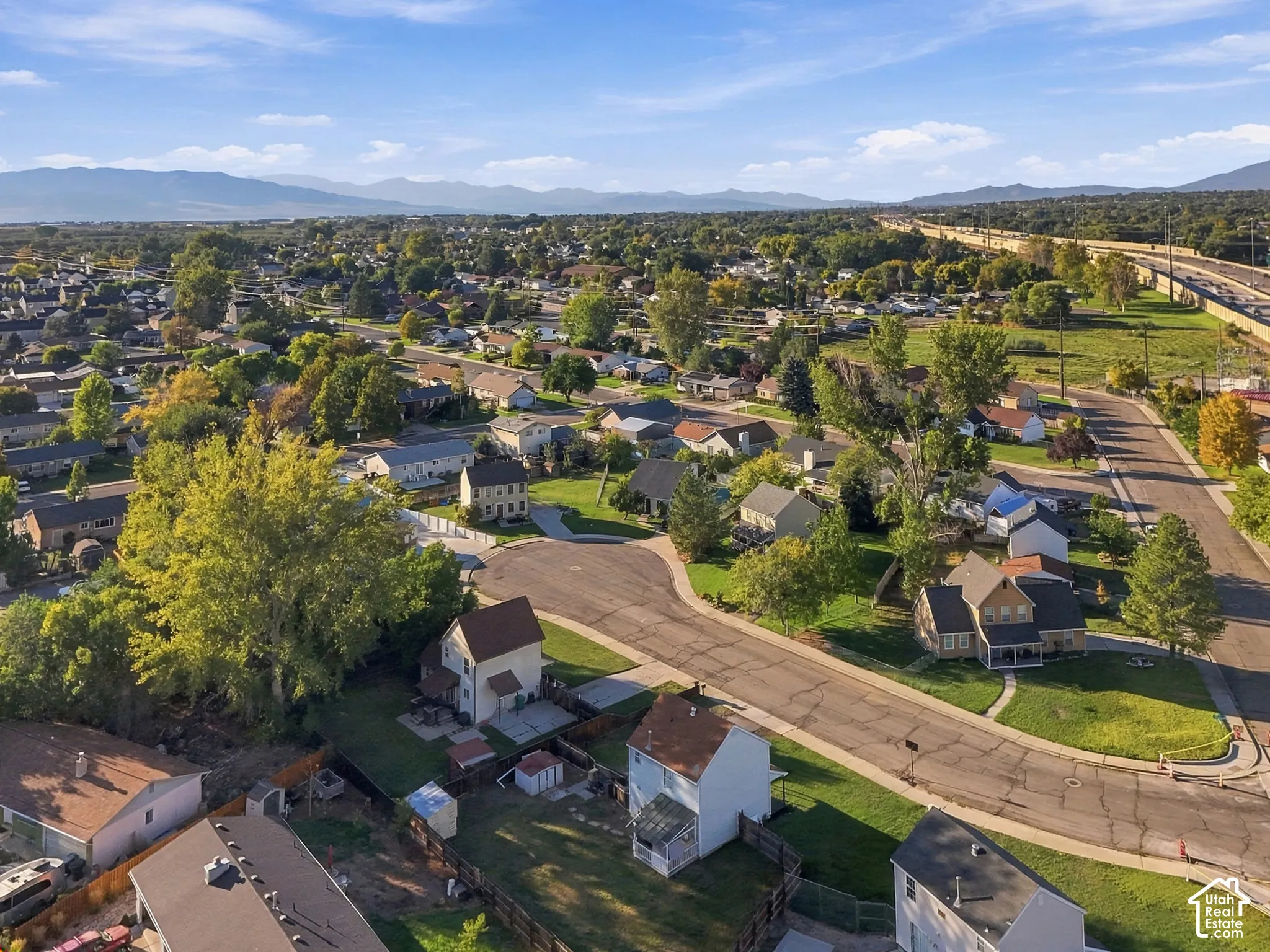 Residential street with mountain backdrop and established tree cover