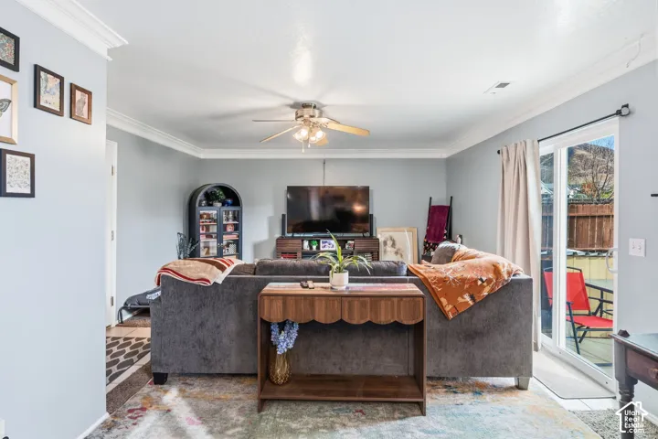 Crown molding accents the ceiling