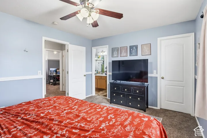 Carpeted flooring, paneled interior doors, and a ceiling fan with integrated lighting