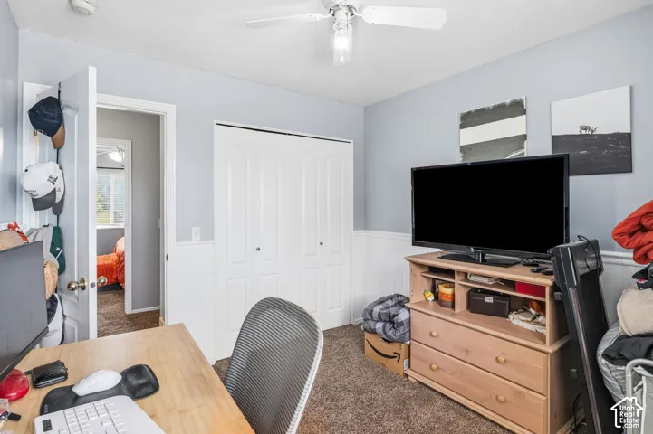 Ceiling fan with integrated lighting, paneled bifold closet doors, carpet flooring, and wainscoting