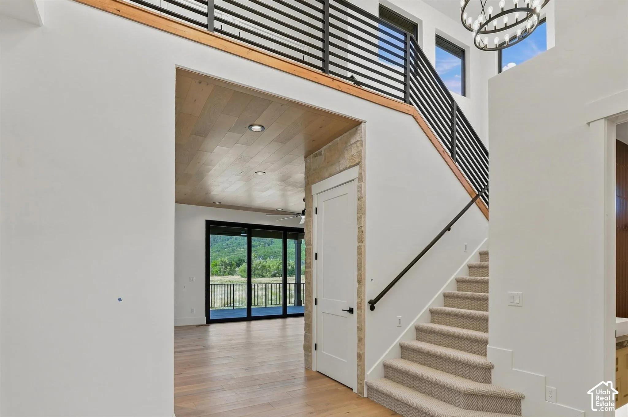 Two-story entry foyer with wood-finish flooring and a carpeted staircase featuring a black metal railing