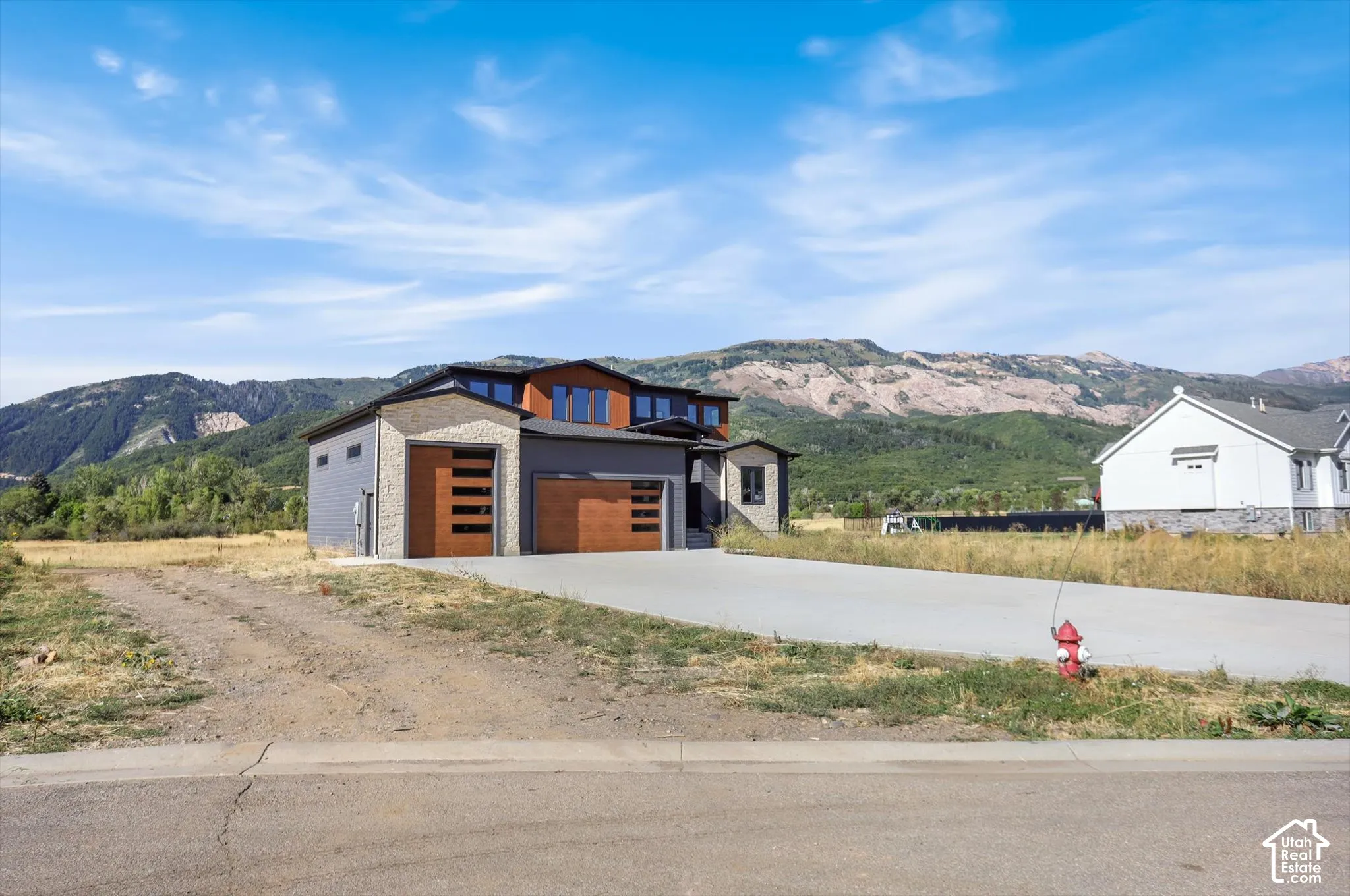 Contemporary exterior with stone accenting, wood-panel garage doors, and a concrete driveway