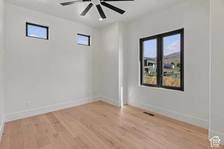 Wood-finish flooring, white walls, black-framed windows, and a black ceiling fan