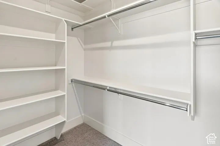 Built-in shelving, multiple hanging rods, white finishes, and grey carpet