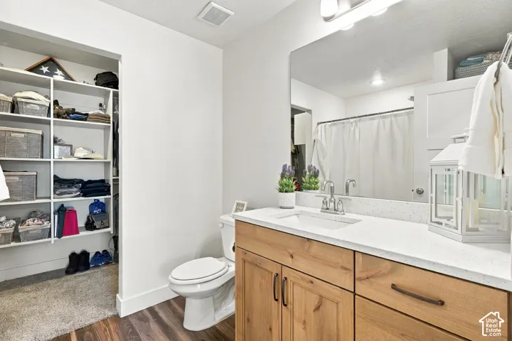 Wood-finish flooring, built-in shelving, vanity with a white countertop, chrome faucet, and a wall-mounted mirror