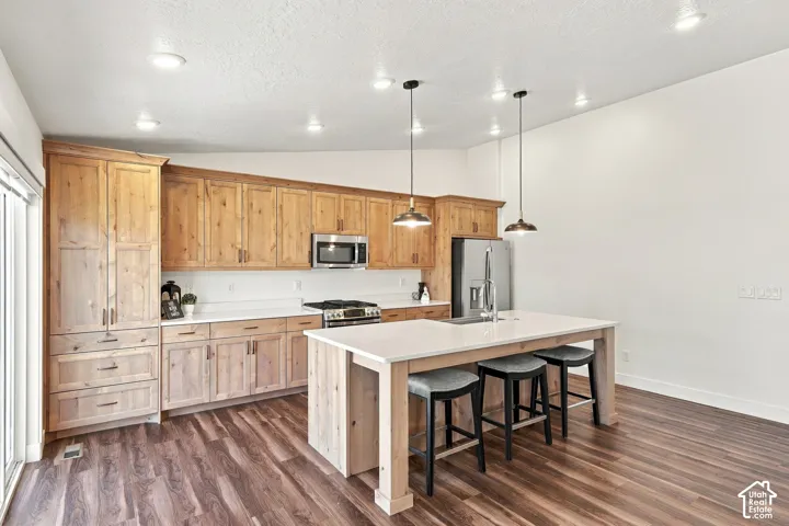 Kitchen featuring wood cabinetry, stainless steel appliances, a center island with pendant lighting, and wood-finish flooring
