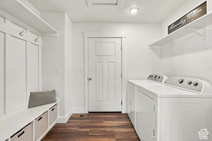 Integrated laundry area with wood-finish flooring, built-in shelving, and a coat rack with hooks