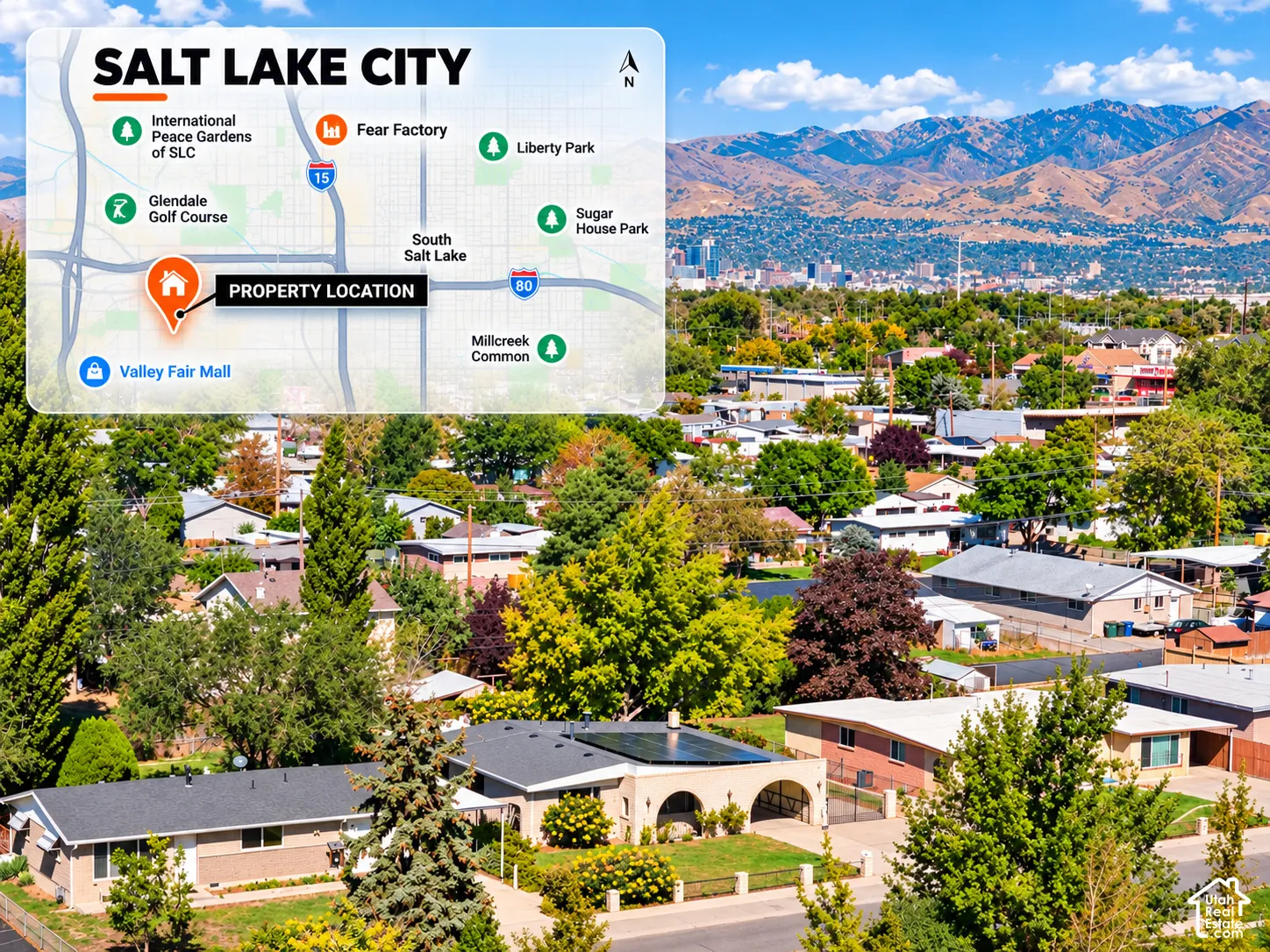 Map overlay on property image. Indicating the property location and geographical features within Salt Lake City