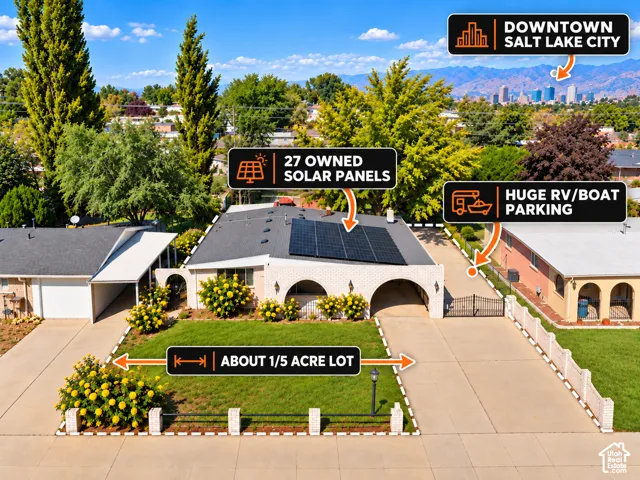 Exterior featuring a brick facade with arched entryways, 27 owned solar panels, paved RV and boat parking, and an approximately 1/5-acre lot