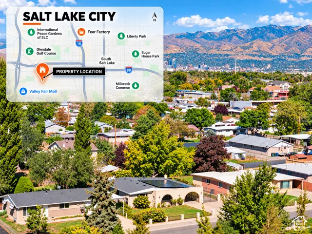 Map overlay on property image. Indicating the property location and geographical features within Salt Lake City