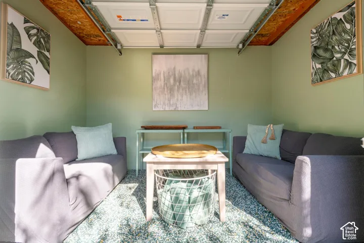 Light green wall paint finish with exposed ceiling joists and garage door hardware