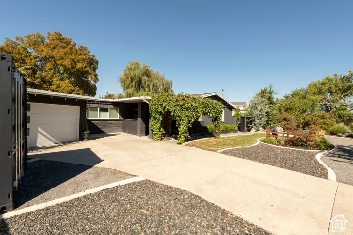 Paved driveway with dark aggregate accents, leading to a single-car garage