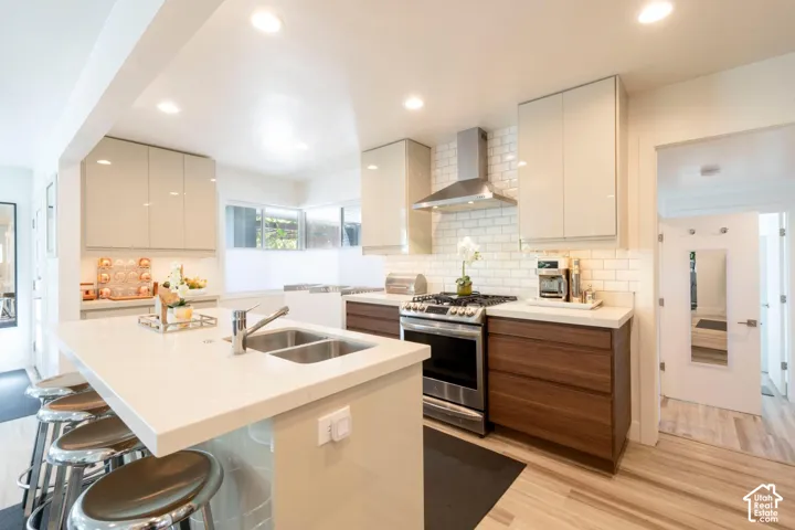 Kitchen featuring a large island with an undermount double-basin sink, light wood-finish flooring, white subway tile backsplash, stainless steel gas range, and recessed lighting