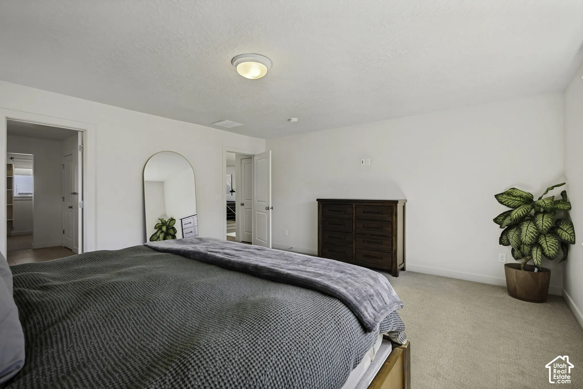 Recessed lighting, light-toned carpet, and a white interior paint palette
