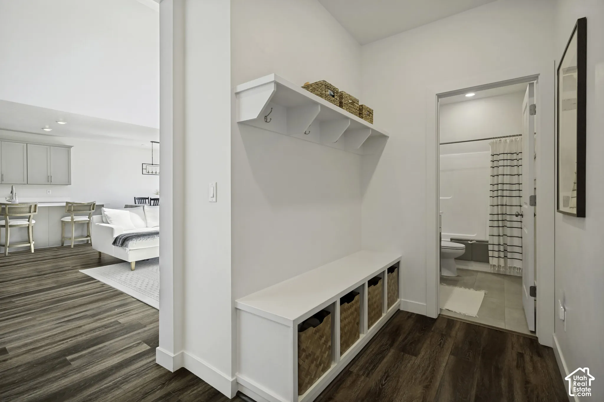 Built-in hall tree with integrated bench seating and shelving