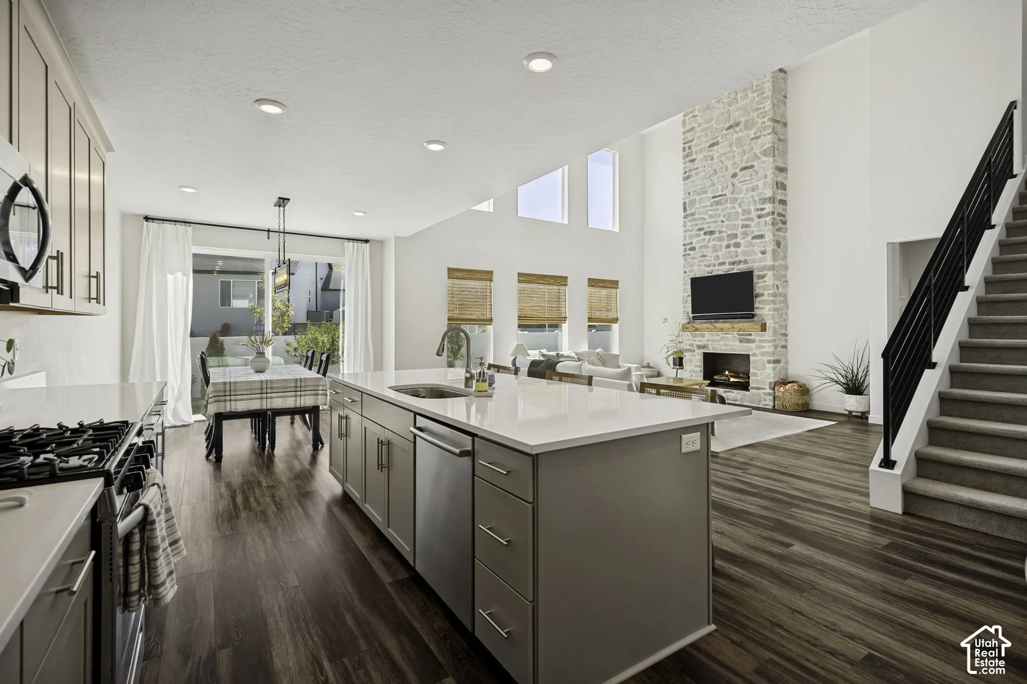 Gourmet kitchen with an expansive island, stainless steel appliances, and wood-finish flooring