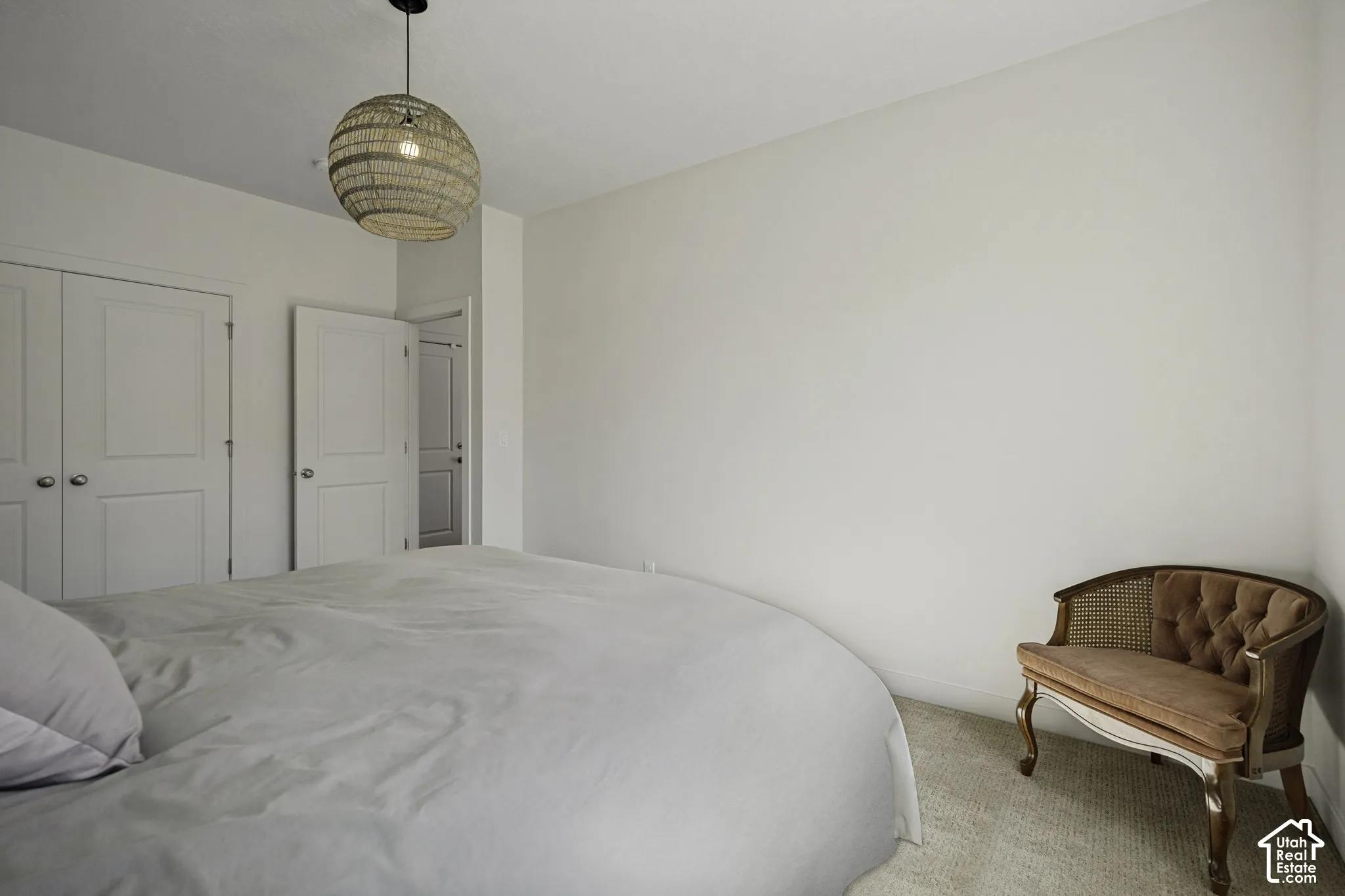 Neutral wall color, pendant light fixture, two panel doors, and neutral carpet