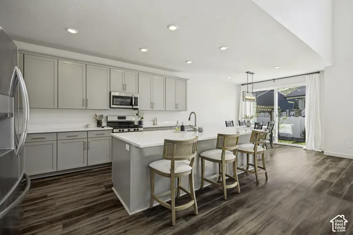 Modern kitchen featuring light gray cabinetry, stainless steel appliances, and wood-finish flooring