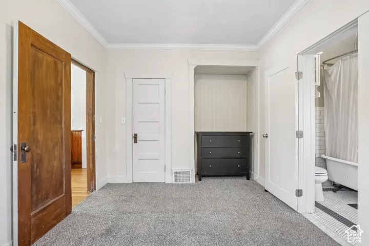 Textured carpeting paired with crown molding and a built-in alcove