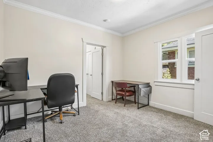 Neutral-toned walls, crown molding, and light gray carpet create a versatile space