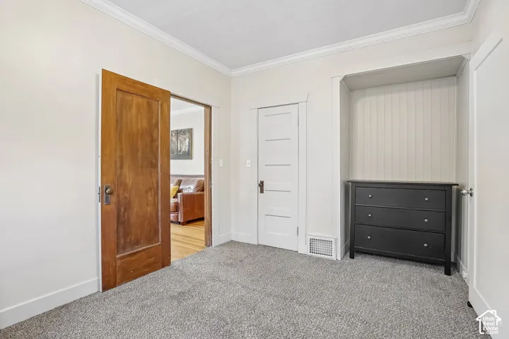 Crown molding, light-colored walls, wood door, built-in shelving with vertical paneling, and gray carpet