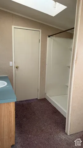 Bathroom featuring a single vanity with a laminate countertop, a built-in shower stall, and a skylight