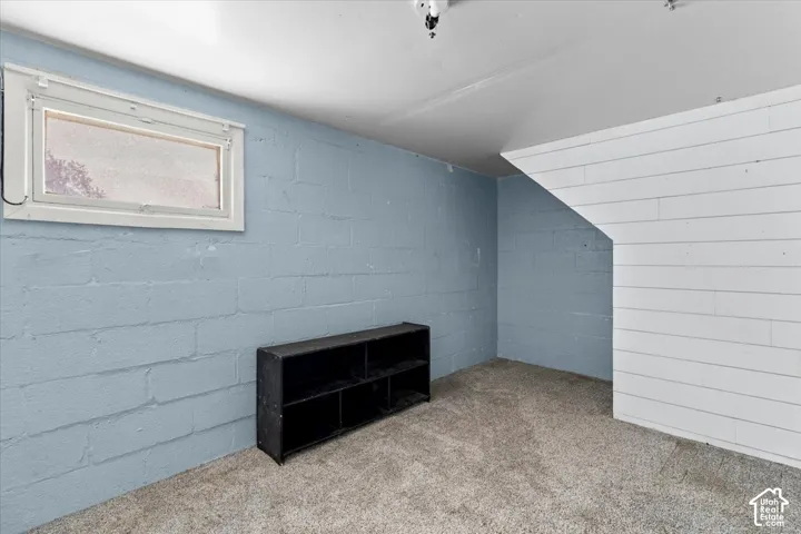 Carpeted flooring, painted concrete block walls, and white shiplap accent wall