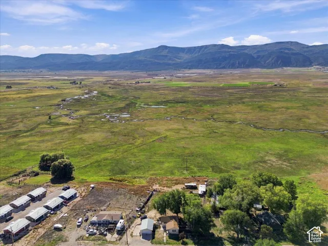 Expansive green landscape with distant mountains under a blue sky, featuring a winding stream and scattered trees