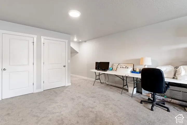 Light-colored carpeting, recessed lighting, and white panel doors