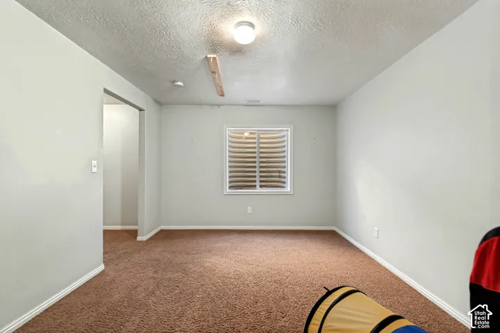 Recessed window with horizontal blinds, light-toned walls, and brown carpet flooring