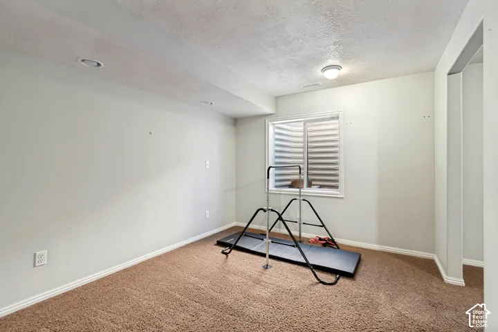 Recessed ceiling lighting, flush mount ceiling fixture, large window, neutral painted walls, and brown carpeting