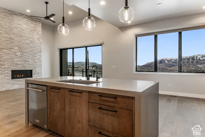Kitchen island with integrated sink, wood-finish cabinetry, and stainless steel dishwasher