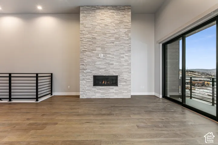Stacked stone fireplace with an integrated firebox