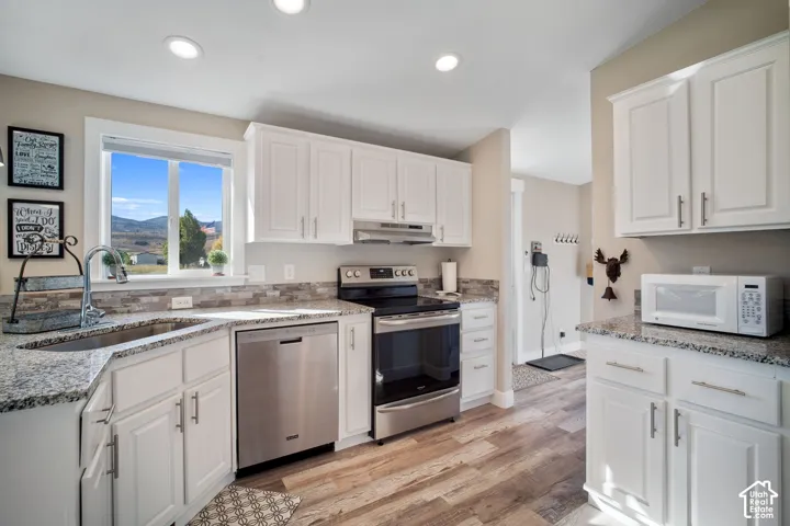Kitchen with white cabinetry, stainless steel appliances, speckled countertops, and a tiled backsplash