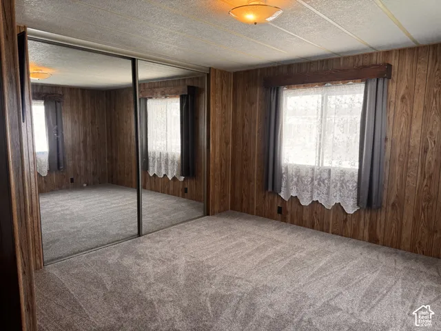 Wall-to-wall carpeting, wood-finish wall paneling, and mirrored closet doors