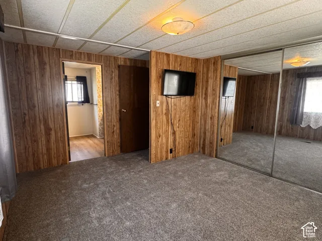 Textured ceiling, wood-finish paneling, carpeted flooring, mirrored closet doors, and flush-mount ceiling lighting